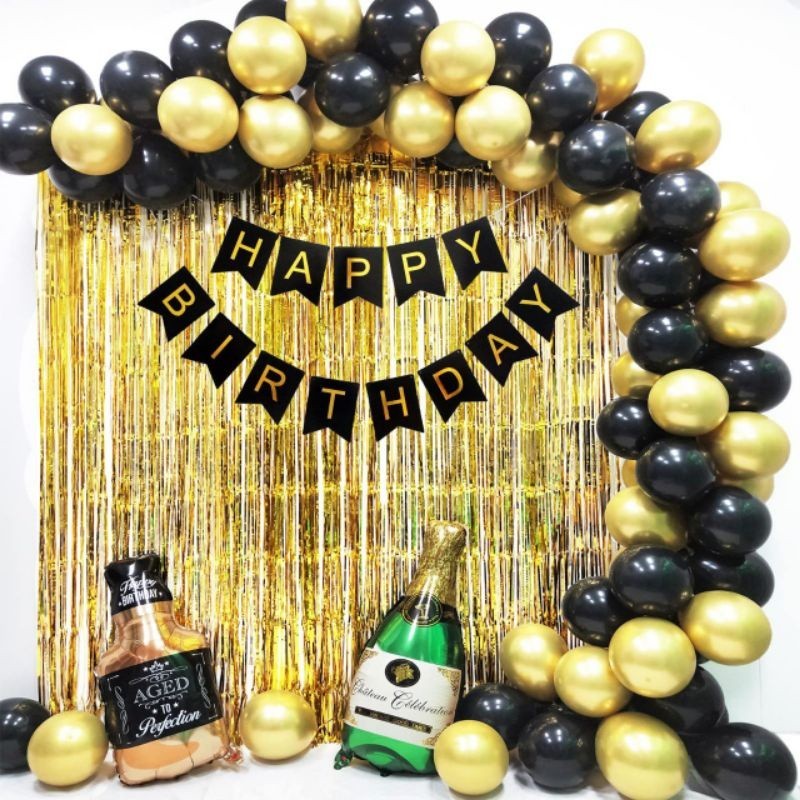 [paket] dekorasi birthday set backdrop 90 balon hitam gold foil wine ultah ulang tahun party dewasa 