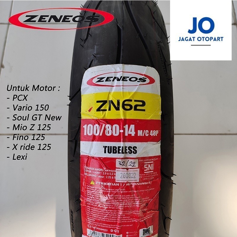 JAGAT Ban Zeneos ZN62 100 80 14 tubeless motor matic pcx vario x ride lexi
