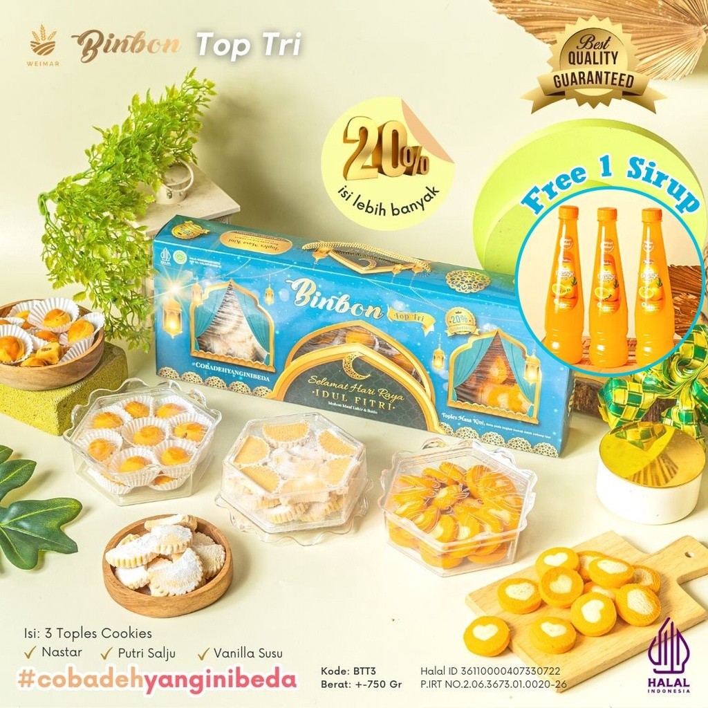 

MJS Rmdodo - Kue Kering Lebaran Binbon Top Tri Squash Halal / Hampers Kue Lebaran Paket 3 Toples Set