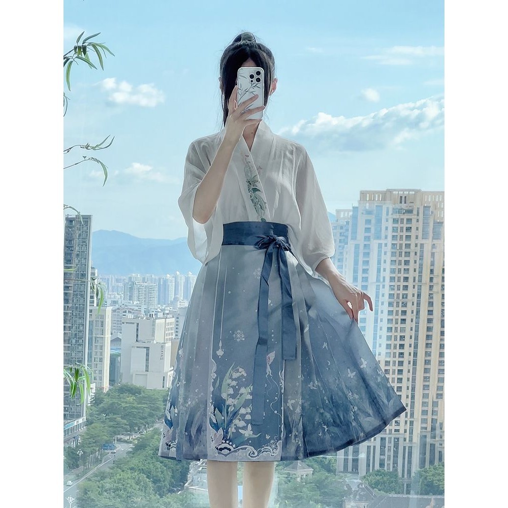 Setelan Rompi Gaya China Wanita, Hanfu Pendek Rok