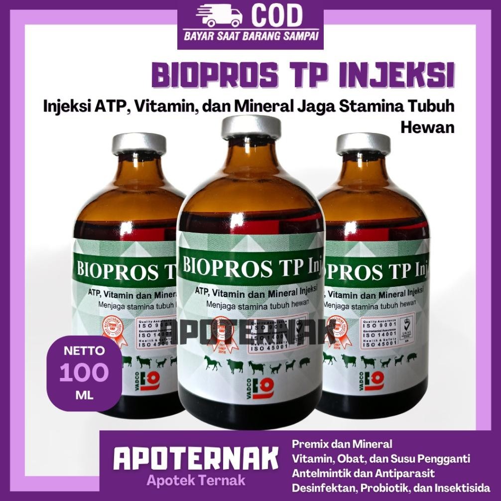 Terlaris BIOPROS INJ TP 100ml - ATP Vitamin Mineral Penguat Otot Jaga Stamina Tubuh Sapi Kuda Kambing Kucing | Like Biosan Rheinbio Biodin | VADCO | Apoternak ||