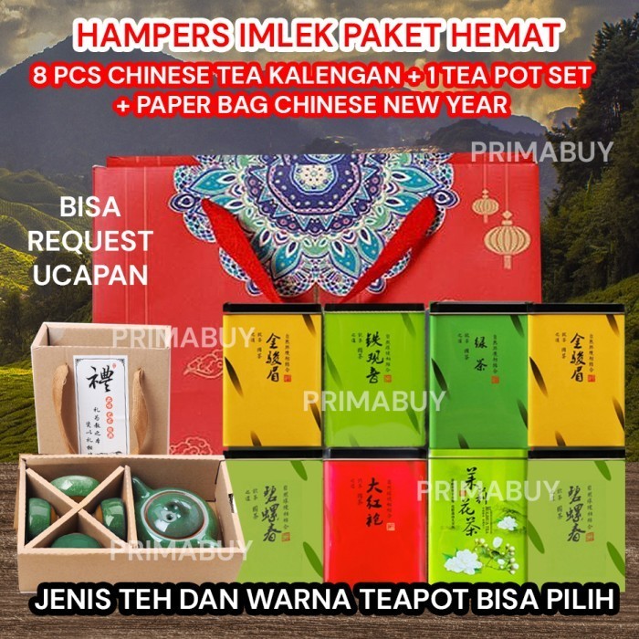 

Hampers Parsel Chinese Tea Imlek Cny Kaleng + Tea Pot Set 10 In 1