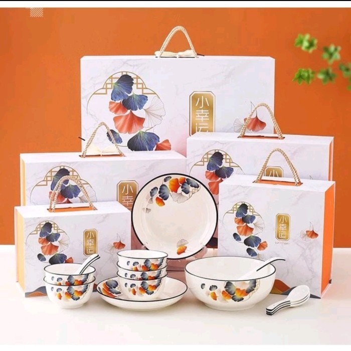 

Luxury Gift Mangkok Piring Keramik Ginkgo Set / Hampers Plate Bowl Set