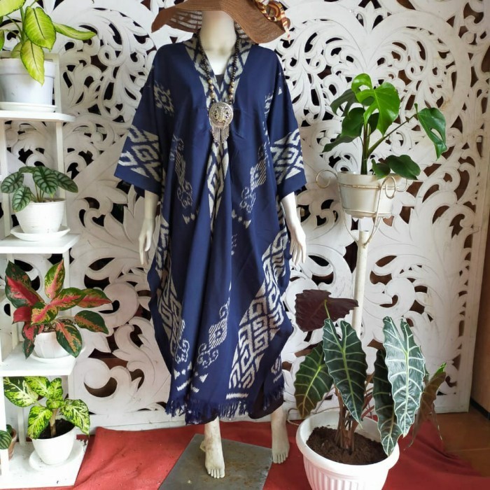 Promo KAFTAN TENUN TROSO • TUNIK TENUN IKAT • DRESS ETNIK - Biru Kekinian Premium Lebaran Mewah Mura