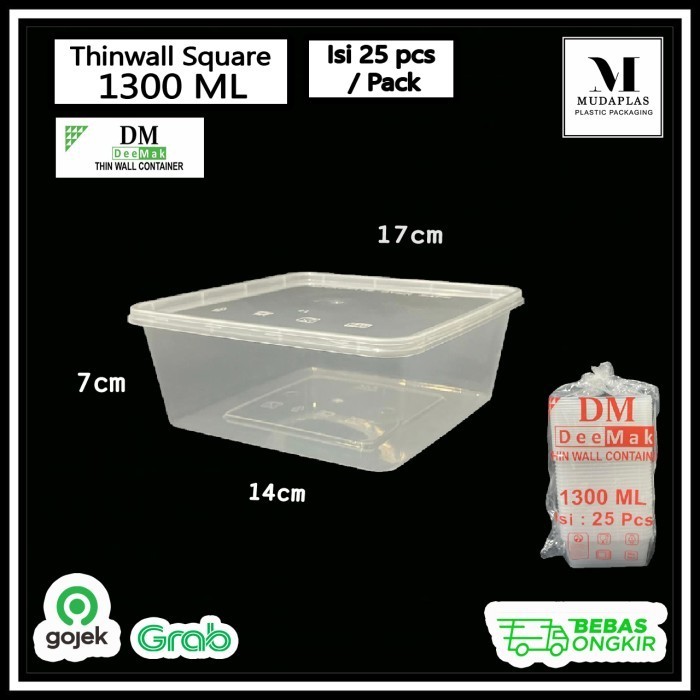 

] Thinwall 1300 ml Square Persegi Kotak Makan Plastik DM isi 25 pcs