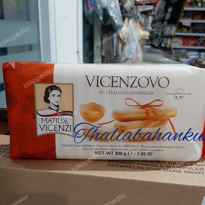 

HEMAT VICENZOVO ITALIAN LADYFINGER BISCUIT 200GR, CAMPURAN TIRAMISU CAKE