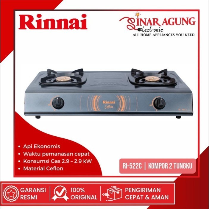 Rinnai Kompor Gas 2 Tungku Ri-522C / Ri 522 C / Ri522C Teflon100% Ori