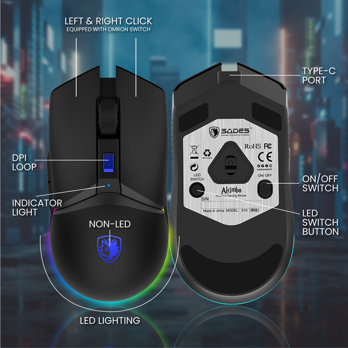 Sades Akimbo Lightweight Rgb Dual Mode Gaming Mouse Original