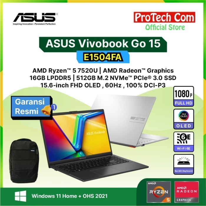 Asus Vivobook Go 15 E1504Fa Ryzen 5-7520U 16G 512Gb 15.6" Oled Ohs W11