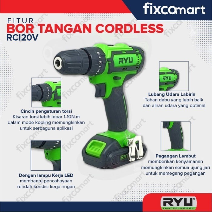 Ryu Mesin Bor Tangan Cordless Rcd 12V / Mesin Bor Baterai Portable