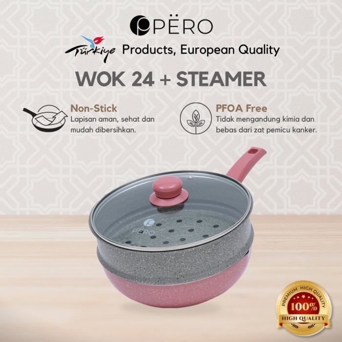 Pero Bundling Wok Pan 24 Cm + Glass Lid & Steamer / Wajan Anti Lengket