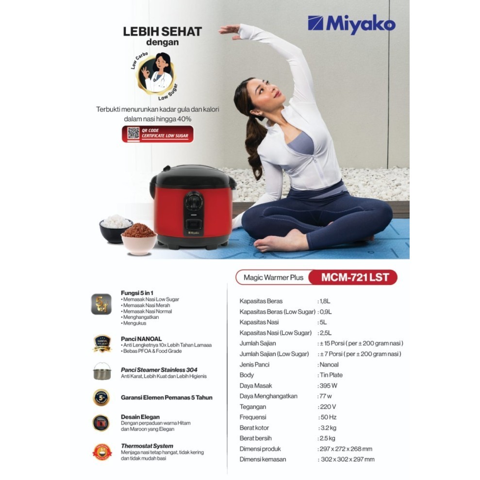 Miyako Rice Cooker Low Sugar 1.8L Mcm-721Lst Mcm 721 Lst 721Lst