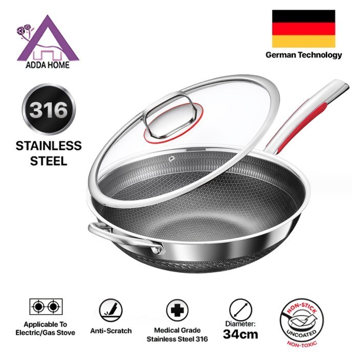 Premium Wajan Wok Pan Stainless 304 Anti Gores Anti Lengket
