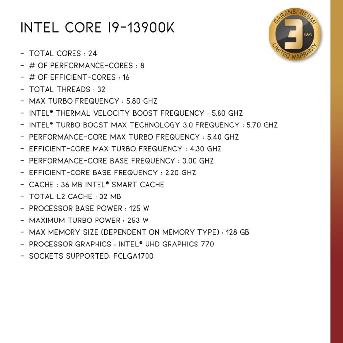 Intel Core I9-13900K Desktop Processor 24 (8P+16E) Cores Lga 1700