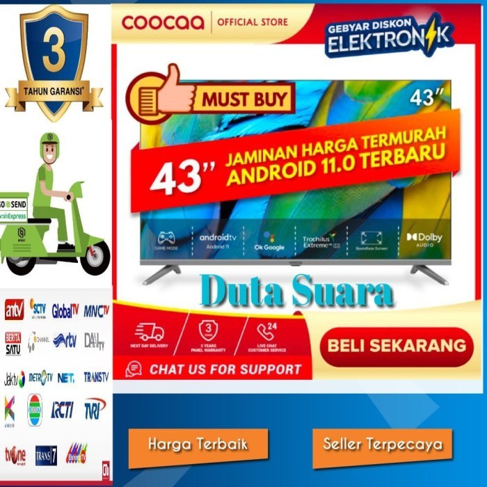 Coocaa Tv 43 Inch - Android 11 - Dtv (Coocaa 43S7G) Garansi 3 Tahun Termurah Terlaris Promo
