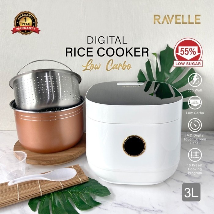 Ravelle Digital Rice Cooker Low Carbo 3L (1.2L Nasi) Rendah Gula