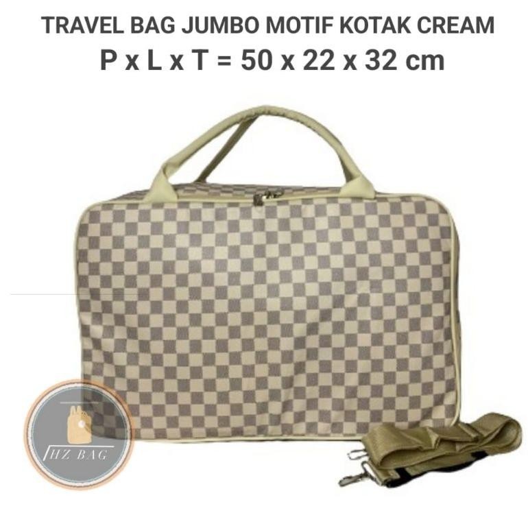 READYYY TRAVEL BAG JUMBO KULIT WATEROOF MOTIF KOTAK WARNA CREAM / TAS TRAVEL BAG CATUR / TAS KOPER /