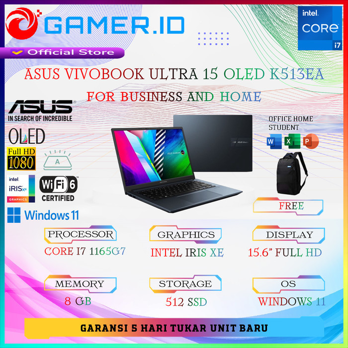 Asus Vivobook Ultra 15 Oled K513Ea I7 1165G7 8Gb 512Ssd W11+Ohs Fullhd