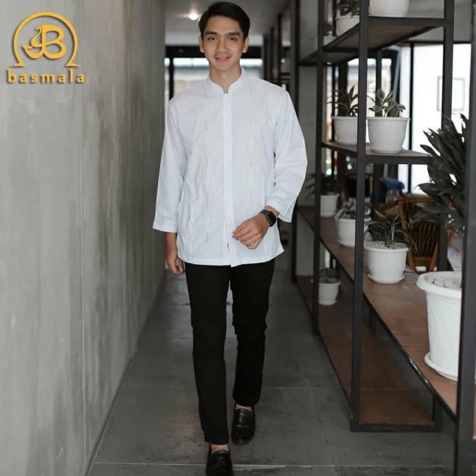 Baju Koko Pria Lengan Panjang Putih Bordir Padang Fashion Muslim Pria