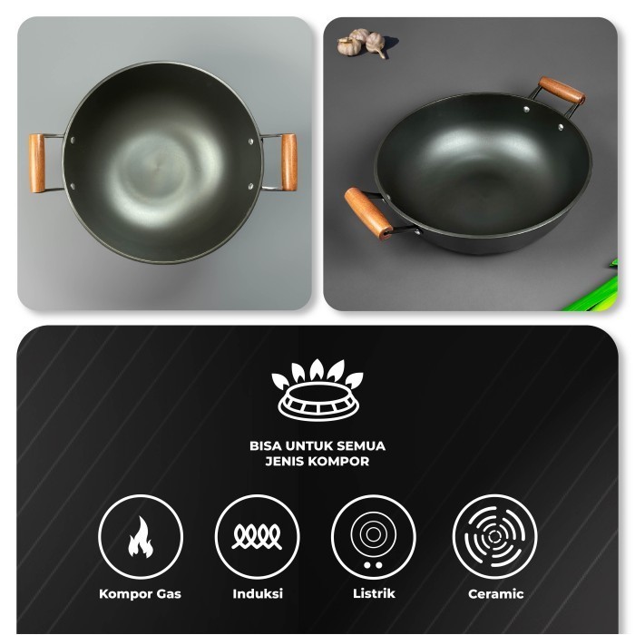 Koch&Backen Light Cast Iron Wok Wooden Handle - Wajan Kuali Cast Iron