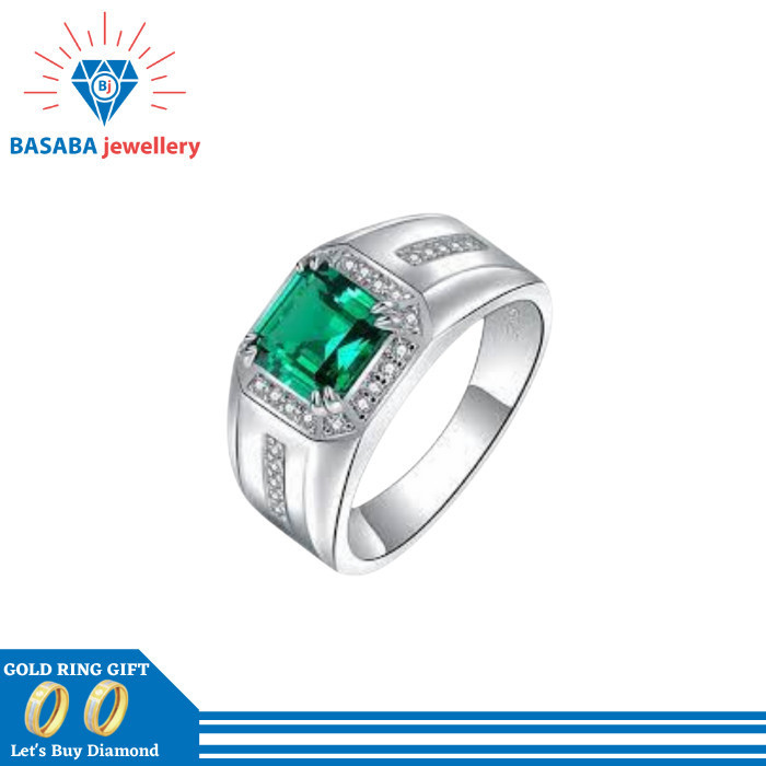 Cincin Pria Batu Zamrud Berlian Eropa Asli Emas 750