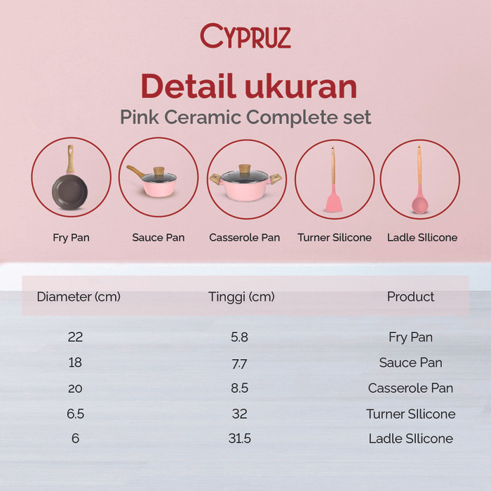 Cypruz Peralatan Masak Dapur Anti Lengket Pink Ceramic Essential Set