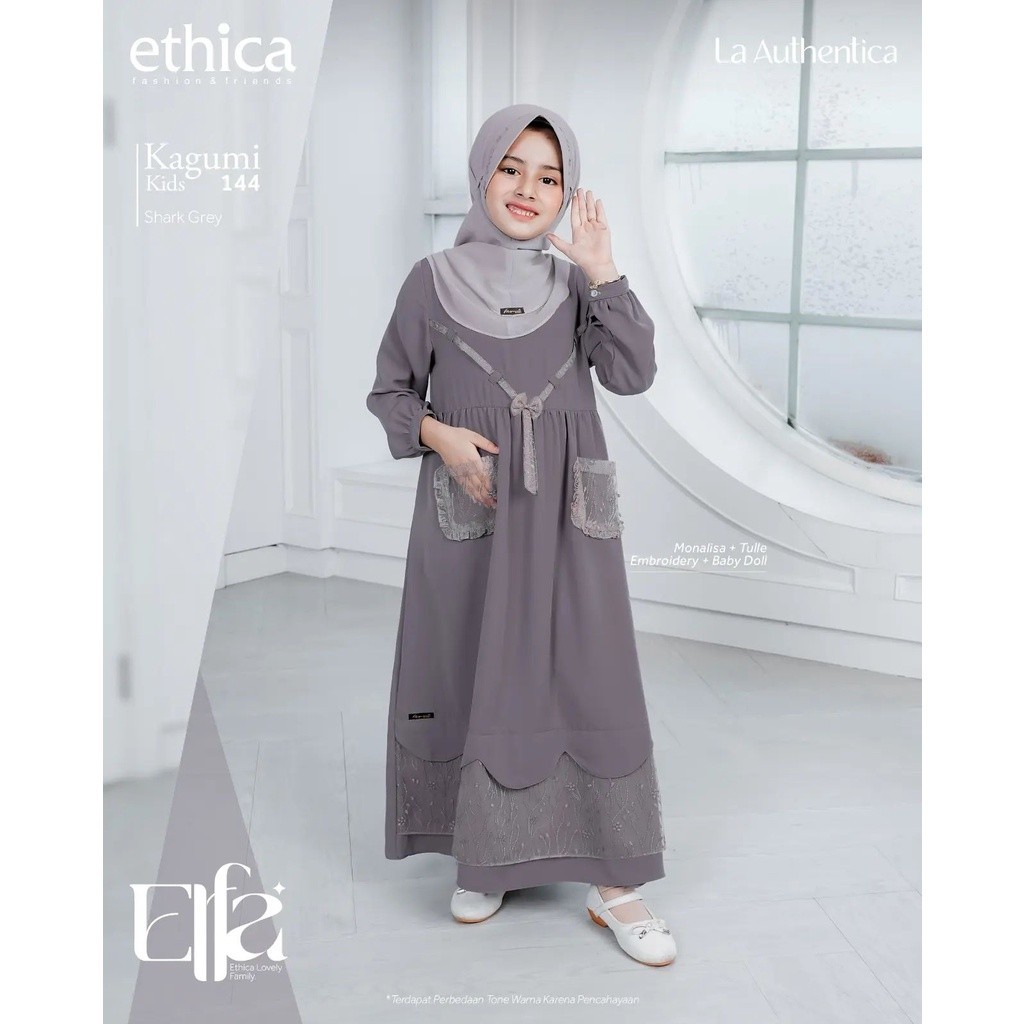 Terbaru Ethica Kagumi Kids 144 Gamis Anak Shark Grey Monalisa Tulle Pita Saku Kerudung Set Elfa 292