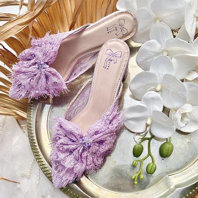 Set Lilac Selop Sepatu Pesta Wanita Block Heel 5Cm & Clutch Set Aveda