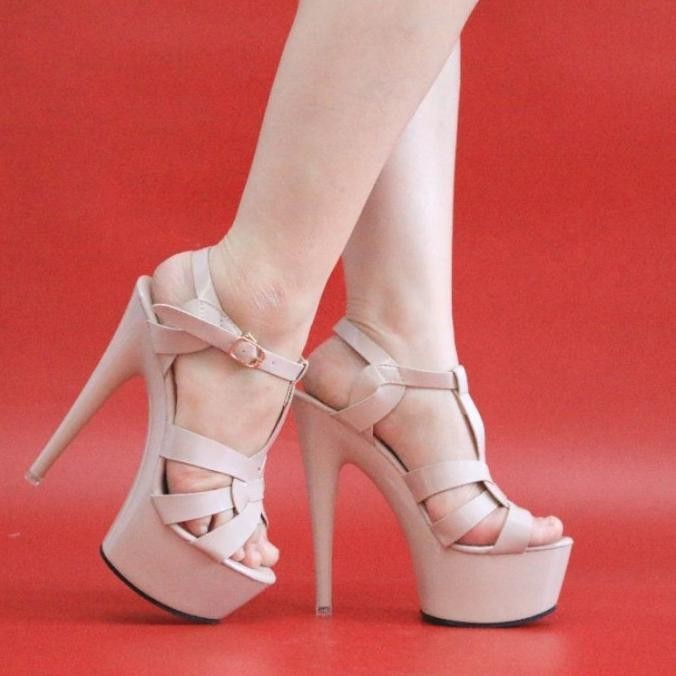 Ykshoes 1622 15Cm Stiletto High Heel Sepatu Hak Tali Black Beige Cream