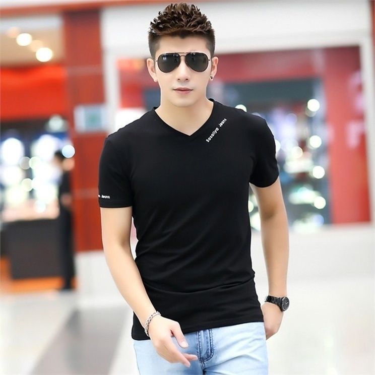 Men's Slim FitVCollar Short Shirt Korean Style Casual T-shirt