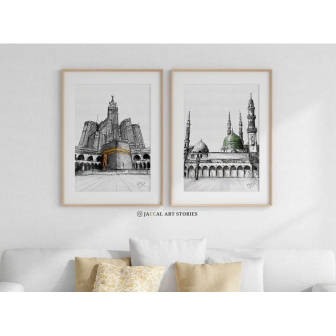 1 Set Pajangan Lukisan Kabah Dan Masjid Nabawi - Watercolor Painting