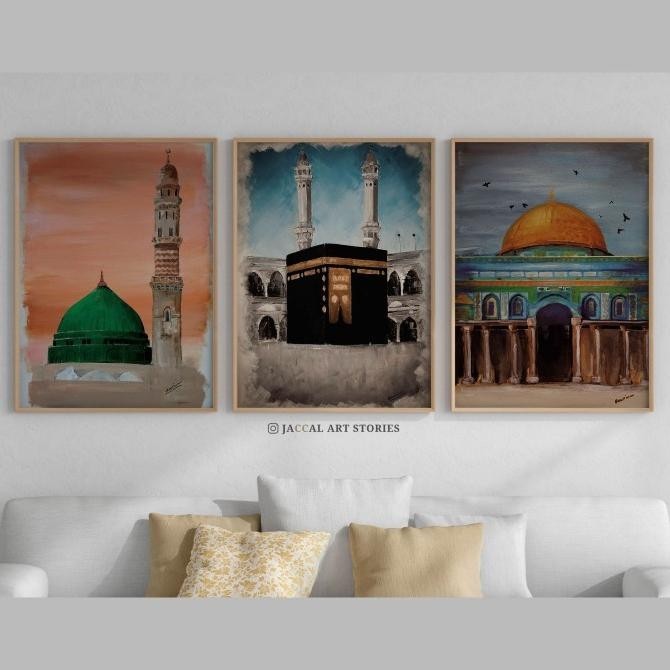 Lukisan 3 Masjid - Kabah, Dome Of The Rock Masjid Al Aqsa Dan Nabawi