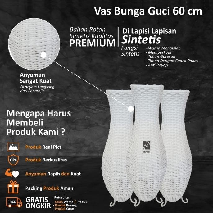 Vas Pot Guci Tempat Bunga Dari Rotan Sintetis Tinggi 60 Cm Murah