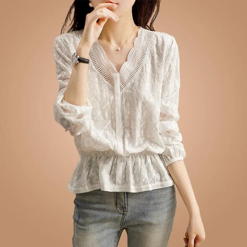 Embroidered White Slimming Shirt Waist-TightVWomen's Collar Shirt