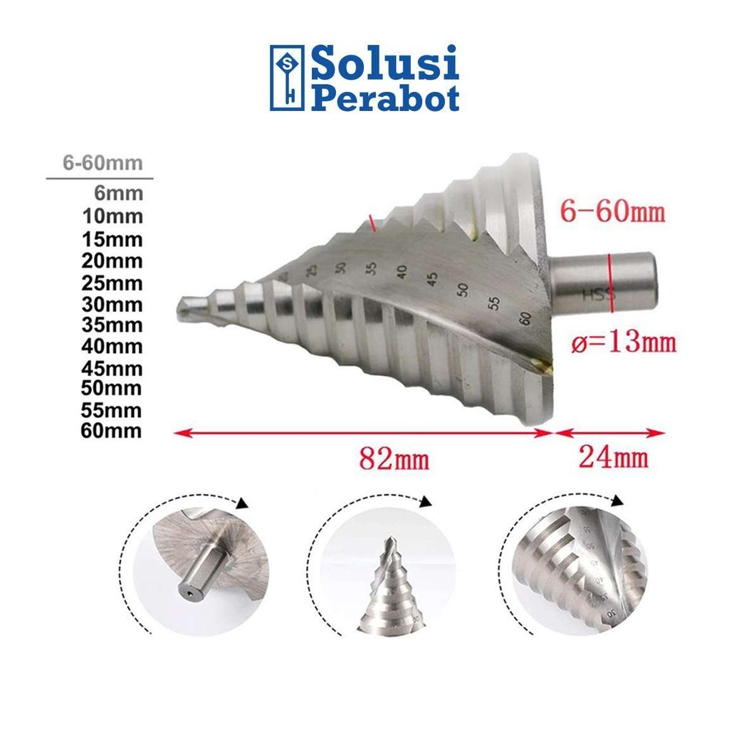 Mata Bor Pagoda 6-60mm SP / Step Dril Drill Spiral / Kerucut Cone Besi Kayu Plastik