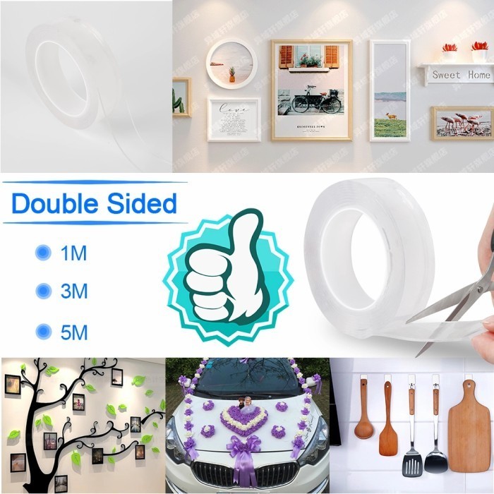 

TERMURAH Double Tape perekat Transparent No Trace Washable sticker 3 x 0.1cm-5M