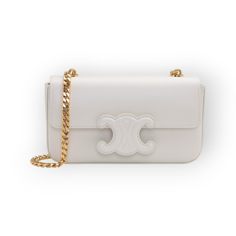 CELINE Cuir Triomphe Flap Chain Shoulder Bag in White Shiny Calfskin