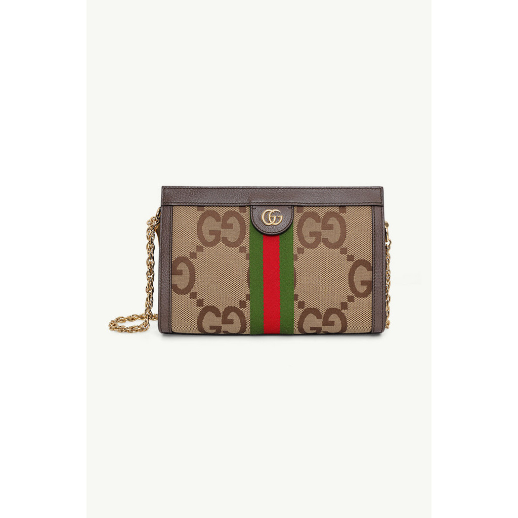 GUCCI Small Jumbo GG Supreme Ophidia Double G Shoulder Bag in Camel/Ebony/Brown Canvas x Leather
