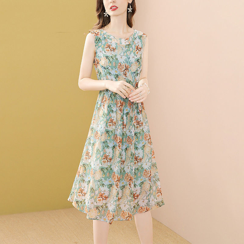 Gaun Midi Wanita, Gaun Midi Gaya Liburan Retro Elegan Sifon Hijau Cetak Tanpa Lengan Leher Bulat