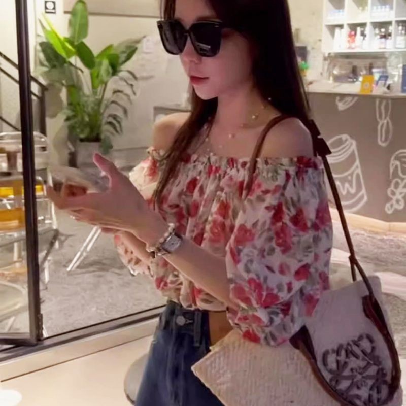 Baju Wanita Bahu Terbuka, Baju Wanita Leher Bulat, Motif Bunga, Elegan, Sembunyi, Bahu Terbuka, untu