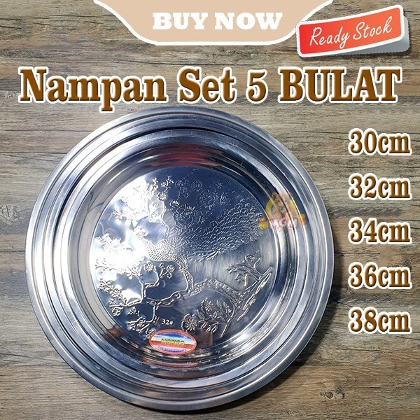 Nampan stainless steel Bulat Set 5 Baskom Ceper Motif 30-32-34-36-38cm