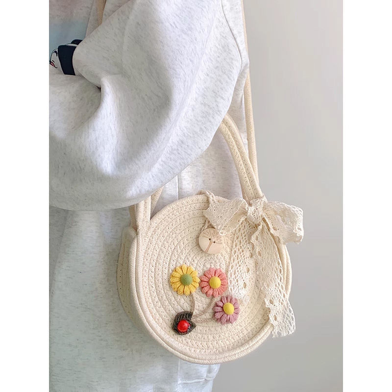 Tas Jerami Wanita Baru Kasual Semua Cocok Retro Rotan Tas Bulat Kecil Pantai Pantai Anyaman Selempan