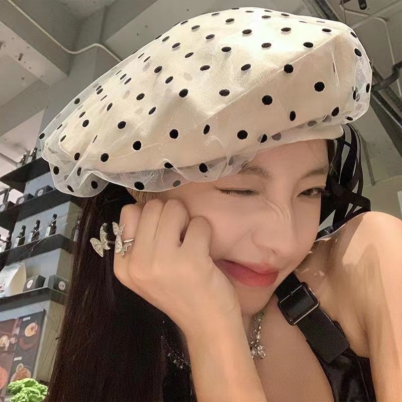 【COD】Topi Kupluk Pita Simpul Wanita, Baret Tipis Polka Dot Jala, Lingkar Kepala Besar, Topi Pelukis 