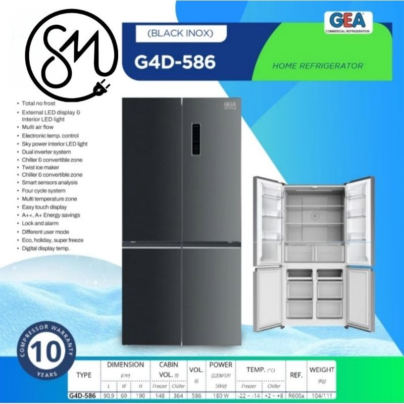 Kulkas 4 pintu GEA G4D-586 Side by Side BLACK INOX G4D586 586 L