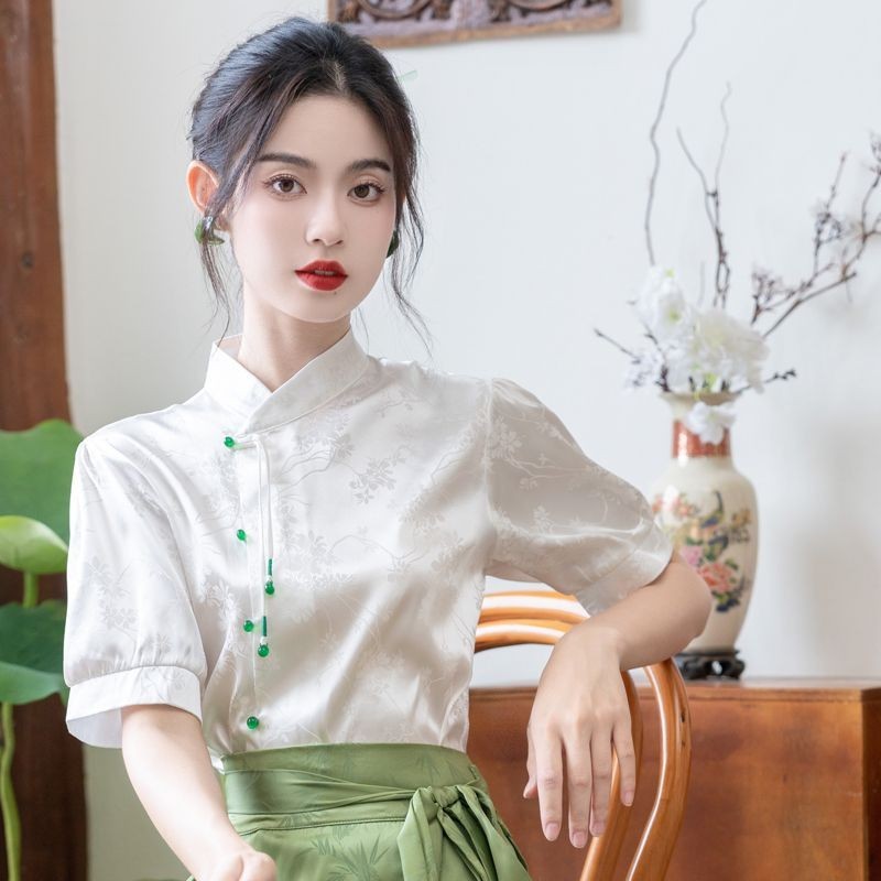 Kemeja Putih Manik-manik Jacquard Wanita, Baju Gaya Cina Hanfu Lengan Pendek Kerah Berdiri
