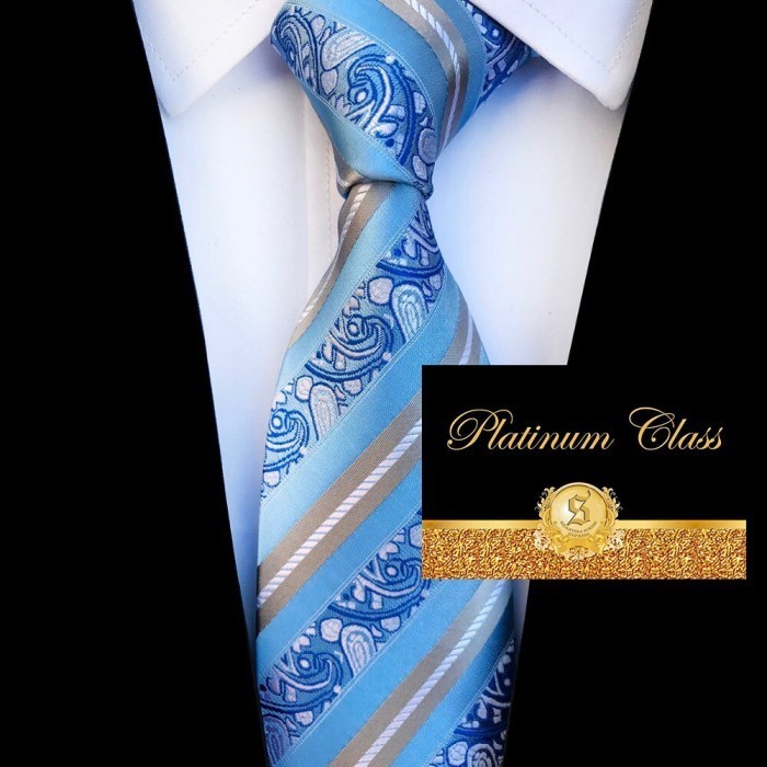 Dasi Salur Garis Biru Muda Kombinasi Batik Premium Platinum Class