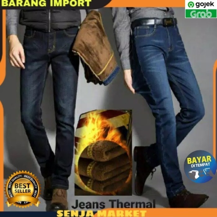 Celana Jeans Winter Musim Dingin Thermal Tebal Fashion Pria