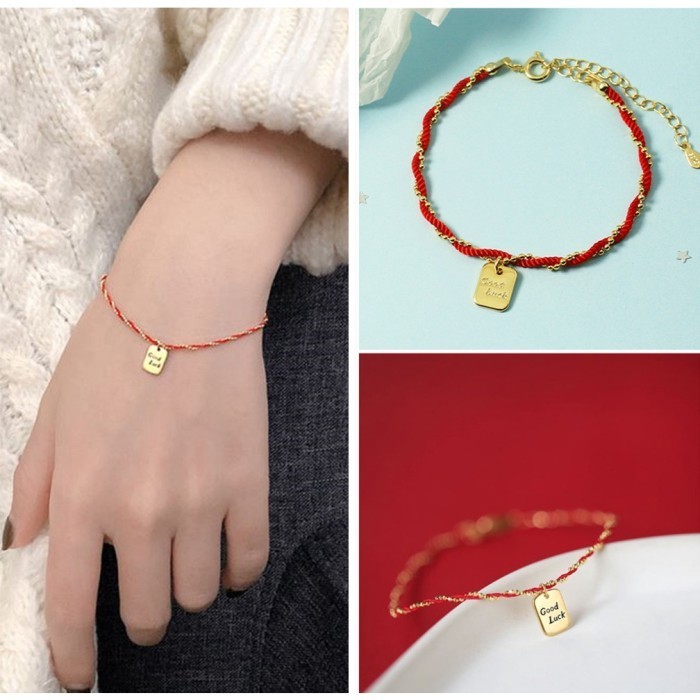 1Pc Gelang Tali Merah Liontin Persegi Lapis Emas Untuk Wanita