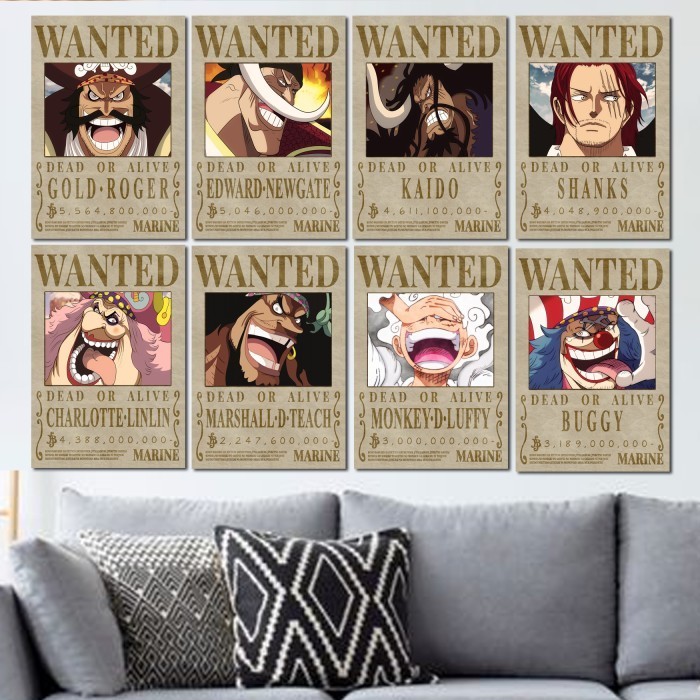 Hiasan Dinding Poster Kayu One Piece Bounty Yonkou Wanted Roger Shanks