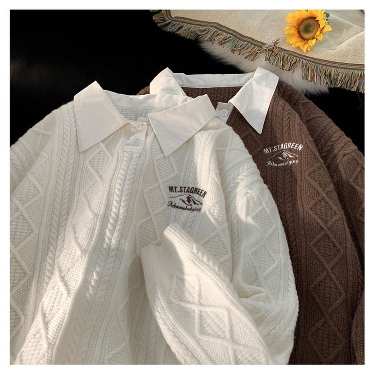 Sweter Kerah Dua Potong Palsu Pria, Sweter Musim Dingin Gaya Jepang Retro Longgar Kasual Bottoming K